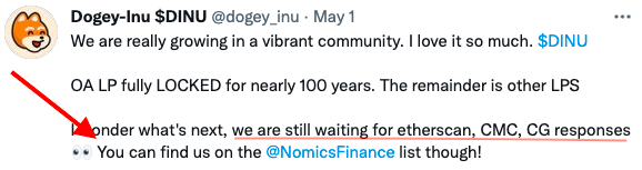 tweet: Dogey-Inu listed at Nomics