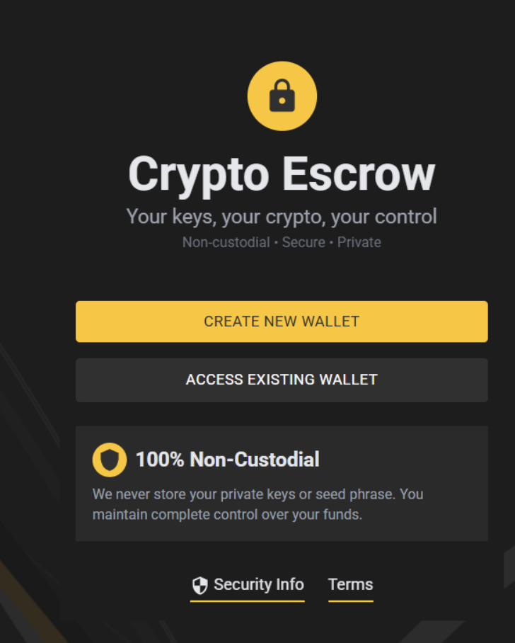 Crypto Escrow wallet access and account creation screen