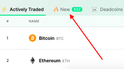 Nomics.com "new assets" tab